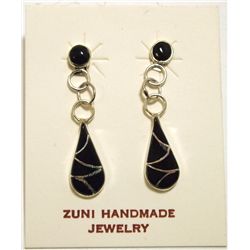 Zuni Onyx Inlay Sterling Silver Teardrop Post Earrings - Sarah Bawani