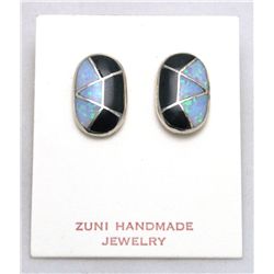 Zuni Opal and Onyx Oval Earrings