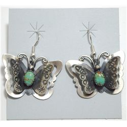 Navajo Green Turquoise Sterling Silver Butterfly French Hook Earrings - Tim Yazzie