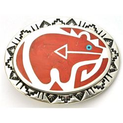 Zuni Red Spiny Oyster Bear Sterling Silver Buckle - Rudell & Nancy Laconsello