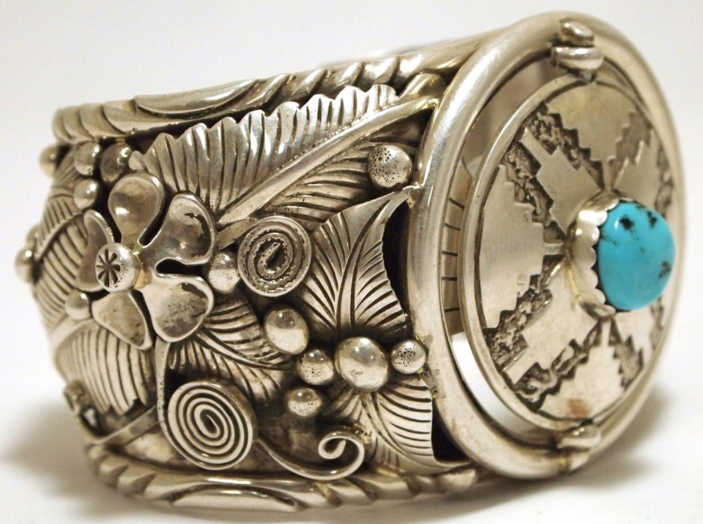 Old Pawn Navajo Turquoise Sterling Silver Spinner Watch Cuff Bracelet - LN