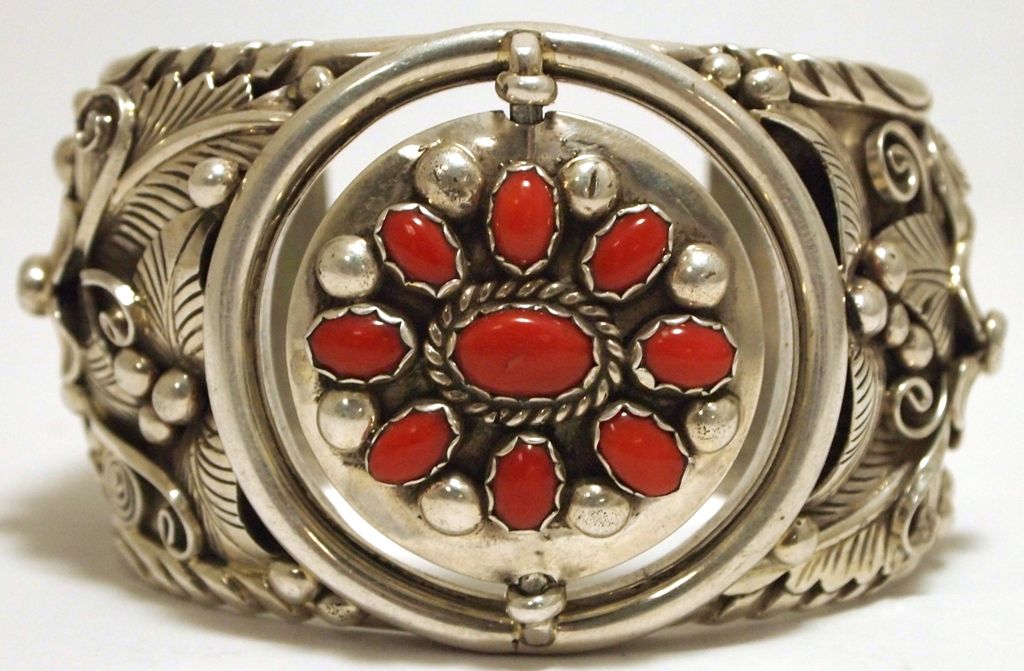 Old Pawn Navajo Coral Sterling Silver Spinner Watch Cuff Bracelet - LN