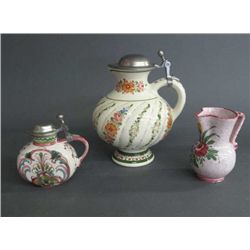 THREE HAND PAINTED PITCHERS
