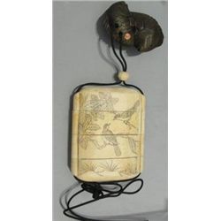 BONE INRO WITH WOOD NETSUKE