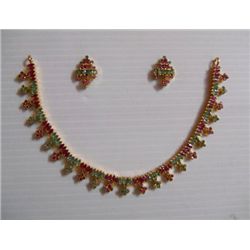 109.10 CTW GOLD PLATED EMERALD/RUBY NECKLACE AND EARRIN