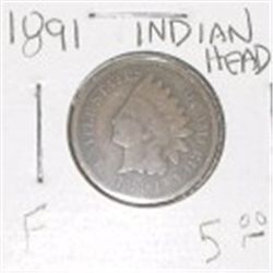 1891 INDIAN HEAD PENNY RED BOOK VALUE IS $5.00 *RARE EARLY PENNY - FINE GRADE*!!