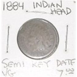 1884 INDIAN HEAD PENNY RED BOOK VALUE IS $7.00 *RARE SEMI-KEY DATE EARLY PENNY - VERY GOOD GRADE*!!