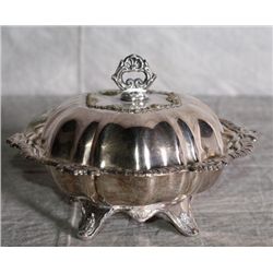 Silver plate victorian covered butter dish. H:5" L: