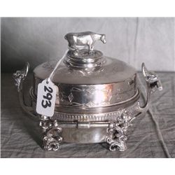 American silver plate covered butter dish with cow