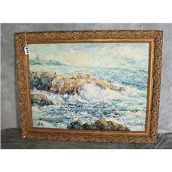 Oil on canvas of waves crashing the rocks signed l