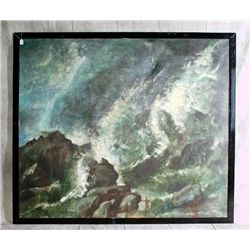 Large oil on canvas of 2 figures in a mountain lan