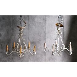 Pair of iron painted 5 light chandeliers,