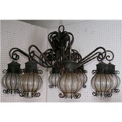 Iron ten light chandelier with crackle glass shade