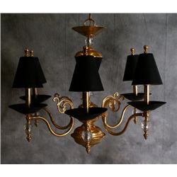 Six light brass and glass chandelier. H