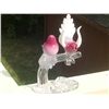 Image 1 : 2024 - Murano birds  Two large raspberry and lattimo coloured birds sit on a clear glass perch. Orig