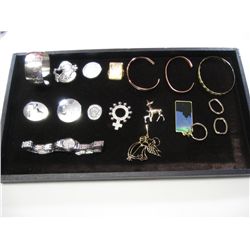 4078 - Assortment: brooches, bracelets, bangle, key chain, etc.chain, etc.