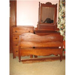 1071 - Antique bedroom set: double bed frame, dresser with swing mirror and a highboywith swing mirr