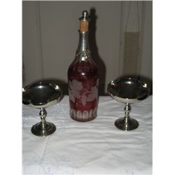 2188 - Ruby cut clear etched decanter with silver collar and 2 Silver plate stemwareand 2 Silver pla