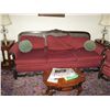 Image 2 : 1088 - Antique Jacobean style walnut sofa with carved back and upholstered in red brocade and a pair