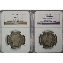 1915  Barber  half $  NGC good dmg also 1913 NGC03  est $-90-$95