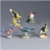 Image 1 : Five STANGL birds; a Brewer's Blackbird (#3591), a Golden Crowned Kinglet (#3848), a yellow Warbler