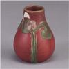Image 1 : ROOKWOOD Modeled Mat pink bud vase by Sallie Toohey, 1905, with stylized flower on a pink ground. Gl