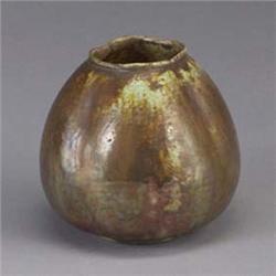 BROUWER flame-painted bulbous vase in shades of umber and brown. Wishbone mark. 4 1/4" x 4" Est.  45
