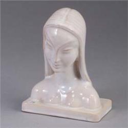 MOUNTAINSIDE POTTERY bust of a woman covered in an ivory glaze. Minute nick to base. Etched mark. 8