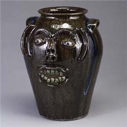 CHARLES LISK two-handled face jar with cobalt blue drips. Hand signed and stamped twice. 14 1/2" x 9