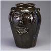 Image 1 : CHARLES LISK two-handled face jar with cobalt blue drips. Hand signed and stamped twice. 14 1/2" x 9