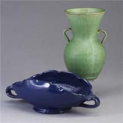 Two North Carolina pieces; a COLE shell-shaped two-handled bowl covered in a glossy blue glaze, and