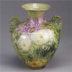 LENOX BELLEEK urn decorated by E. ORRISON, 1912, china-painted with chrysanthemums on a green ground