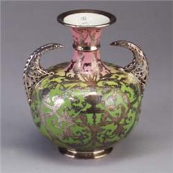 Fine and rare WILLETS Belleek urn with silver overlay, on a pink to green ground, with reticulated h