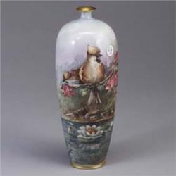 C.A.C. BELLEEK ovoid vase china-painted with birds on a branch over a pond. Green ink stamp. 12" x 4