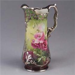 WILLETS BELLEEK ewer with silver overlay on a green ground, china-painted with wild roses. Tight 4"