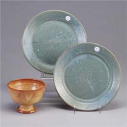 Three North Carolina pieces; two SEAGROVE dinner plates covered in a mottled turquoise matte glaze (