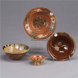 Four 19th century ceramic pieces; three bowls and a small dish with pinched design. One bowl in as-i
