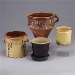 Four 19th century pieces; two crocks, one vase, and a planter. Several chips, lines, cracks to each