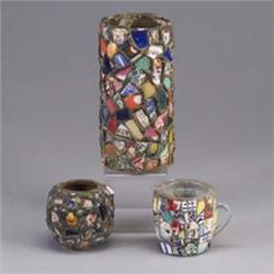 Three French pique-assiette pieces; a cylindrical vase, a spherical vessel, and a mug. One stamped F