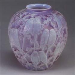 PHOENIX GLASS COMPANY opalescent pink bulbous vase molded with love birds. Unmarked. 10 1/4" x 9 1/4