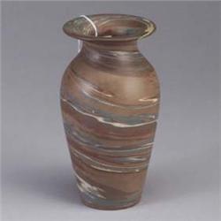 NILOAK Mission Ware vase of brown, blue, and cream scroddled clays. Stamped NILOAK. 8" x 4 1/4" Est.