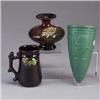 Image 1 : Three PETERS & REED pieces; a matte green wallpocket with Egyptian bust, and two mottled glaze piece