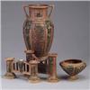 Image 1 : Four ROSEVILLE brown Florentine pieces; a bulbous vase, a conical vessel, and two double bud vases.