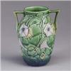 Image 1 : ROSEVILLE green Morning Glory bulbous vase. Unmarked. 8 1/2" x 6 1/2" Est.  500 - 750