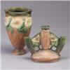 Image 1 : Two ROSEVILLE Dahlrose pieces; a triple bud vase with strong mold, and a bulbous vase. Black paper l