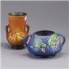 Image 1 : Two ROSEVILLE pieces; a brown Pine Cone vase (829-6") and a blue Fuchsia squat vessel (346-4"). Both