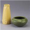 Image 1 : Two ROOKWOOD Production pieces; a yellow tapering vase, 1925, and a green squat vessel with birds (t