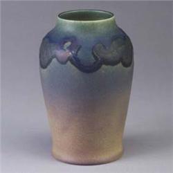 ROOKWOOD bulbous vase covered in a mottled brown to green glaze by Charles Todd, 1919, with stylized