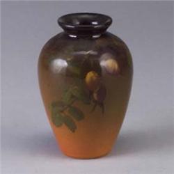 ROOKWOOD Standard Glaze vase by Howard Altman, 1903, painted with Rosehips. Firing flaw to rim. Flam
