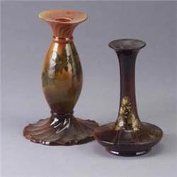 Two ROOKWOOD pieces; a candlestick holder by Anna Marie Valentien, 1888 (crack from base, line from